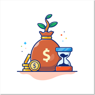 Stock of coin, plant of money and hourglasses cartoon Posters and Art